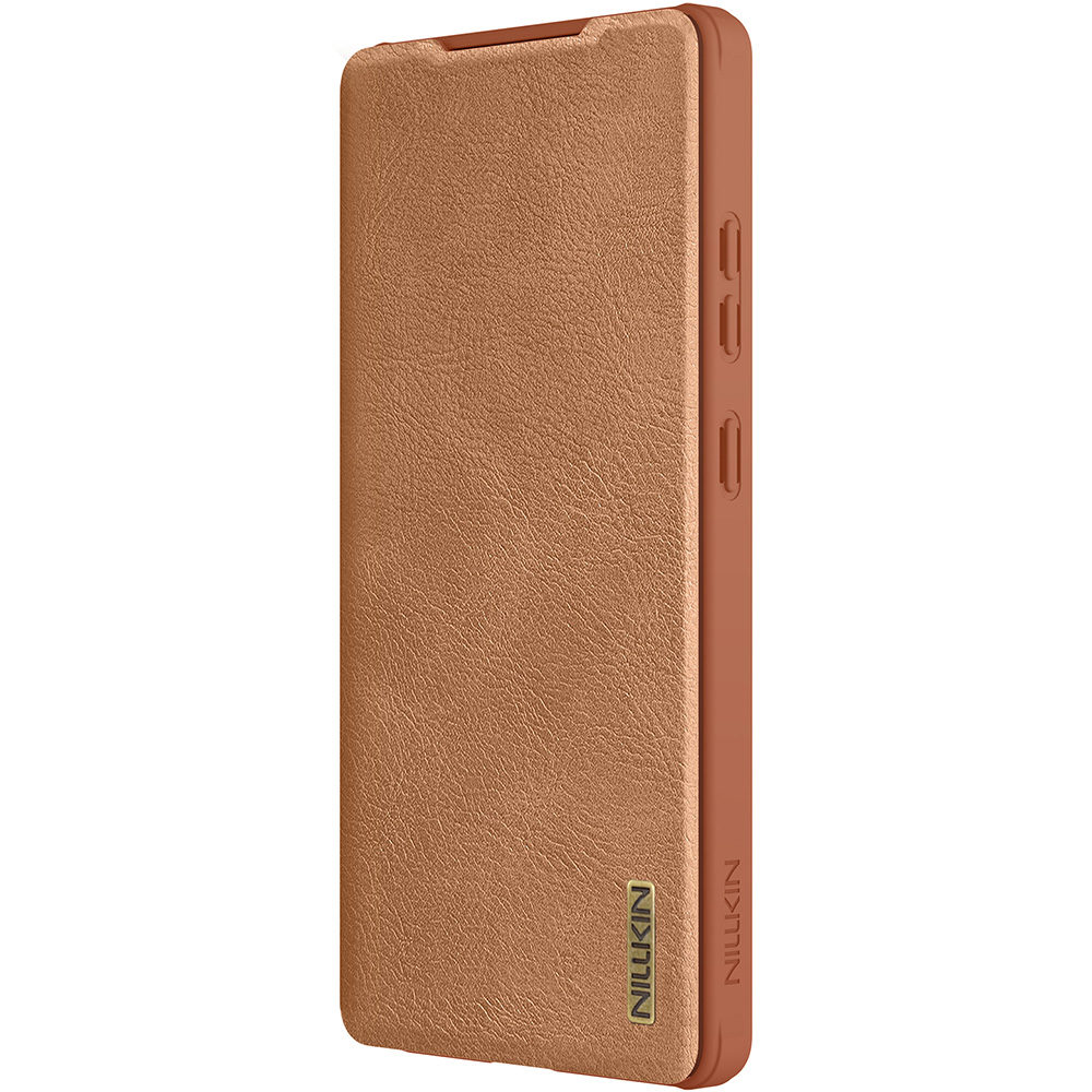 Etui z klapką i ochroną aparatu Nillkin Qin Pro do Galaxy S25 Ultra, brązowe